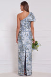 One Shoulder Dusty Blue Sheath Floral Long Bridesmaid Dress with Bow