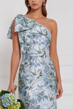One Shoulder Dusty Blue Sheath Floral Long Bridesmaid Dress with Bow