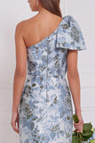 One Shoulder Dusty Blue Sheath Floral Long Bridesmaid Dress with Bow