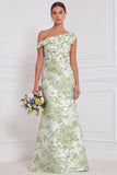 Sage Floral Mermaid One Shoulder Asymmetrical Ruched Long Bridesmaid Dress