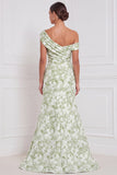 Sage Floral Mermaid One Shoulder Asymmetrical Ruched Long Bridesmaid Dress