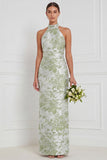 Halter Dusty Blue Sheath Floral Long Bridesmaid Dress