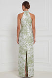 Halter Dusty Blue Sheath Floral Long Bridesmaid Dress