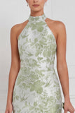 Halter Dusty Blue Sheath Floral Long Bridesmaid Dress