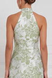 Halter Dusty Blue Sheath Floral Long Bridesmaid Dress