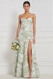 Light Blue A-Line Sweetheart Floral Long Bridesmaid Dress with Slit