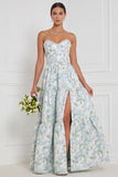 Blue White Flower Pearls A-Line Strapless Long Bridesmaid Dress with Front Slit