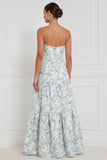 Blue White Flower Pearls A-Line Strapless Long Bridesmaid Dress with Front Slit
