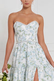 Blue White Flower Pearls A-Line Strapless Long Bridesmaid Dress with Front Slit