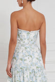 Blue White Flower Pearls A-Line Strapless Long Bridesmaid Dress with Front Slit