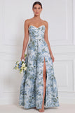 Blue White Flower Pearls A-Line Strapless Long Bridesmaid Dress with Front Slit