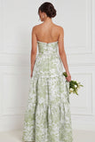 Blue White Flower Pearls A-Line Strapless Long Bridesmaid Dress with Front Slit