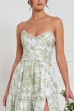 Blue White Flower Pearls A-Line Strapless Long Bridesmaid Dress with Front Slit