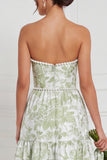 Blue White Flower Pearls A-Line Strapless Long Bridesmaid Dress with Front Slit