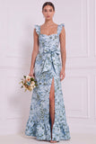 Dusty Blue Floral Mermaid Sweetheart Long Bridesmaid Dress with Bow