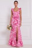 Dusty Blue Floral Mermaid Sweetheart Long Bridesmaid Dress with Bow