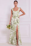Dusty Blue Floral Mermaid Sweetheart Long Bridesmaid Dress with Bow