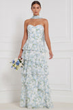 Blue White Flower A-Line Tiered Ruffled Strapless Long Bridesmaid Dress with Neck Scarf