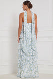 Blue White Flower A-Line Tiered Ruffled Strapless Long Bridesmaid Dress with Neck Scarf