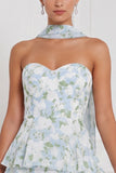 Blue White Flower A-Line Tiered Ruffled Strapless Long Bridesmaid Dress with Neck Scarf