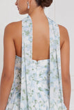 Blue White Flower A-Line Tiered Ruffled Strapless Long Bridesmaid Dress with Neck Scarf