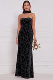 Espresso Burnout Velvet Strapless Sheath Long Bridesmaid Dress with Neck Scarf