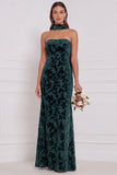 Espresso Burnout Velvet Strapless Sheath Long Bridesmaid Dress with Neck Scarf
