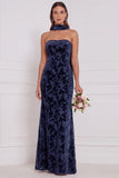 Espresso Burnout Velvet Strapless Sheath Long Bridesmaid Dress with Neck Scarf