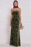 Espresso Burnout Velvet Strapless Sheath Long Bridesmaid Dress with Neck Scarf