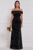 Off the Shoulder Espresso Burnout Velvet Sheath Long Bridesmaid Dress