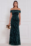 Off the Shoulder Espresso Burnout Velvet Sheath Long Bridesmaid Dress
