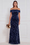 Off the Shoulder Espresso Burnout Velvet Sheath Long Bridesmaid Dress