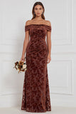 Off the Shoulder Espresso Burnout Velvet Sheath Long Bridesmaid Dress