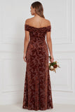 Off the Shoulder Espresso Burnout Velvet Sheath Long Bridesmaid Dress
