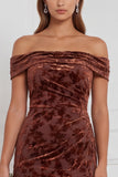 Off the Shoulder Espresso Burnout Velvet Sheath Long Bridesmaid Dress