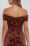 Off the Shoulder Espresso Burnout Velvet Sheath Long Bridesmaid Dress