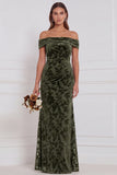 Off the Shoulder Espresso Burnout Velvet Sheath Long Bridesmaid Dress