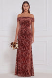 Off the Shoulder Espresso Burnout Velvet Sheath Long Bridesmaid Dress