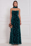 Black Sheath Strapless Ruched Burnout Velvet Long Bridesmaid Dress with Neck Scarf