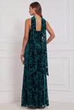 Black Sheath Strapless Ruched Burnout Velvet Long Bridesmaid Dress with Neck Scarf