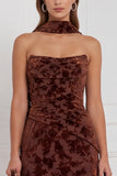 Black Sheath Strapless Ruched Burnout Velvet Long Bridesmaid Dress with Neck Scarf