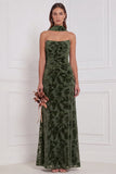 Black Sheath Strapless Ruched Burnout Velvet Long Bridesmaid Dress with Neck Scarf