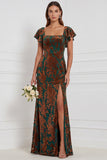 Brown Burnout Velvet Sheath Square Neck Flutter Sleeves Long Bridesmaid Dress with Side Slit