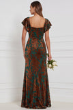 Brown Burnout Velvet Sheath Square Neck Flutter Sleeves Long Bridesmaid Dress with Side Slit