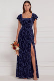 Brown Burnout Velvet Sheath Square Neck Flutter Sleeves Long Bridesmaid Dress with Side Slit