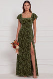 Brown Burnout Velvet Sheath Square Neck Flutter Sleeves Long Bridesmaid Dress with Side Slit