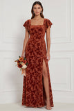 Brown Burnout Velvet Sheath Square Neck Flutter Sleeves Long Bridesmaid Dress with Side Slit
