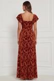 Brown Burnout Velvet Sheath Square Neck Flutter Sleeves Long Bridesmaid Dress with Side Slit