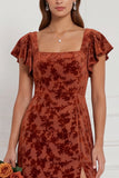 Brown Burnout Velvet Sheath Square Neck Flutter Sleeves Long Bridesmaid Dress with Side Slit