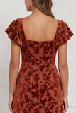 Brown Burnout Velvet Sheath Square Neck Flutter Sleeves Long Bridesmaid Dress with Side Slit